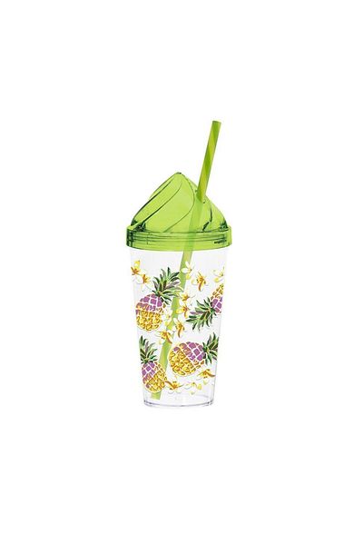 Herevin 660 Cc Colorful Pineapple Patterned Glass with Crystal Lid and Straw