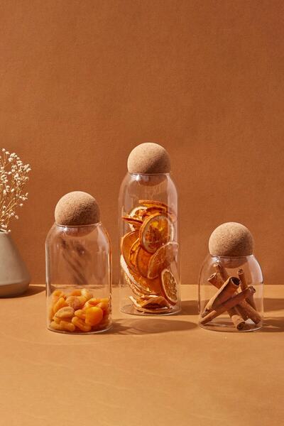 Olgun Home Optikli Top Mantar Kapaklı 3'lü Cam Kavanoz Ve Baharat Seti