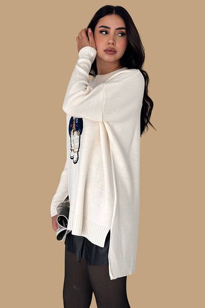 Moda Amore Pulover din tricot ursuleț cu model ursuleț - tunică cu fante V5