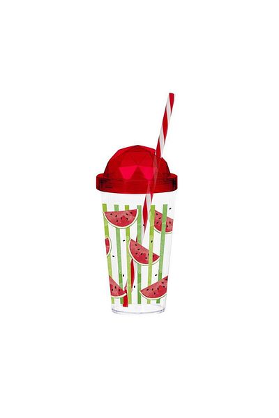 Herevin 660 cc Colorful Watermelon Patterned Straw Cup with Diamond Lid