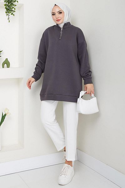 hafsamina Smoked Stand Collar 3 Thread Zip Sweatshirt Tunic - Hm2650