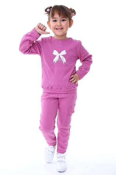 ZUZUNGA Camisole Bow Embroidered Cargo Pocket Detailed Girls' Set Fuchsia Age 3-8