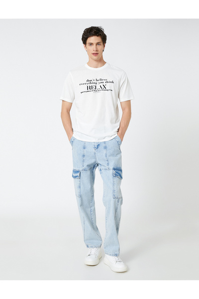 Koton Βαμβακερό μπλουζάκι με στάμπα με λαιμόκοψη