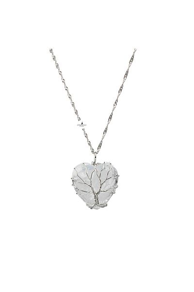 OSMANLI DOĞAL TAŞ Crystal Quartz Natural Stone Silver Chain Heart Necklace