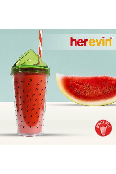 Herevin 540 Cc Cream Lid Patterned Two-Layer Cup-watermelon Seed