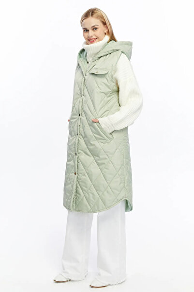 Modabenna Women's Hooded Long Snap Fastener Inflatable Filling Vest