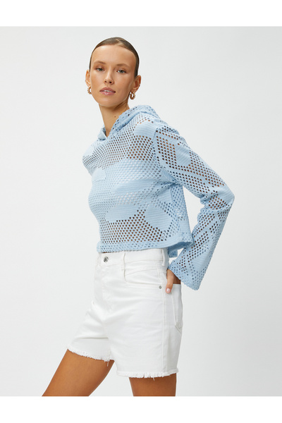 Koton Ажурна тениска с мрежеста качулка и дълъг ръкав