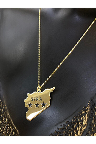 vogutima Kadın Gümüş Kolye - Suriye (SYRİA) Haritası Bayrağı Sarı Renk 925 Ül...