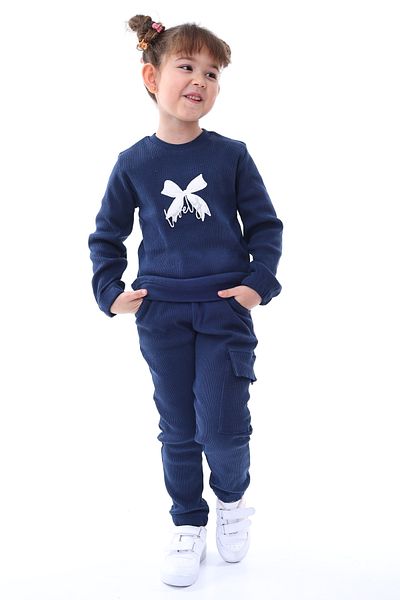 ZUZUNGA Camisole Bow Embroidered Cargo Pocket Detailed Girls' Set Navy Blue Age 3-8