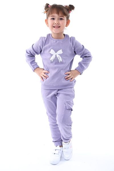 ZUZUNGA Camisole Bow Embroidered Cargo Pocket Detailed Girls' Set Lilac Age 3-8