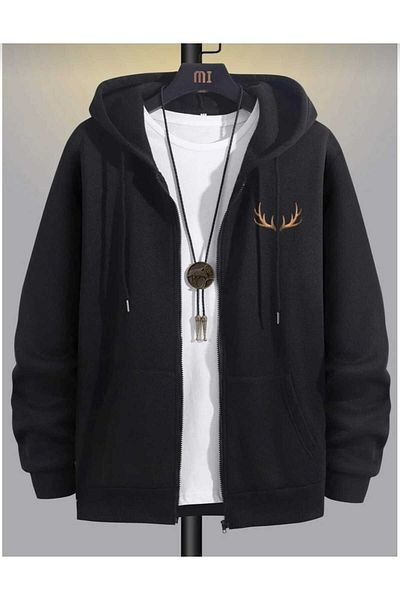 BUY CENTER Black Printed Oversize Cardigan Sweatshirt - Thick Hood and Horn Zip