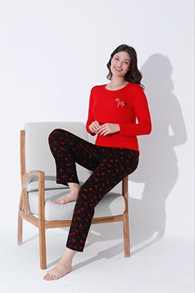 Daye Lace Fashion Pamuklu Kırmızı Gül Desenli Uzun Kollu Ring Viskon Pijama Takımı