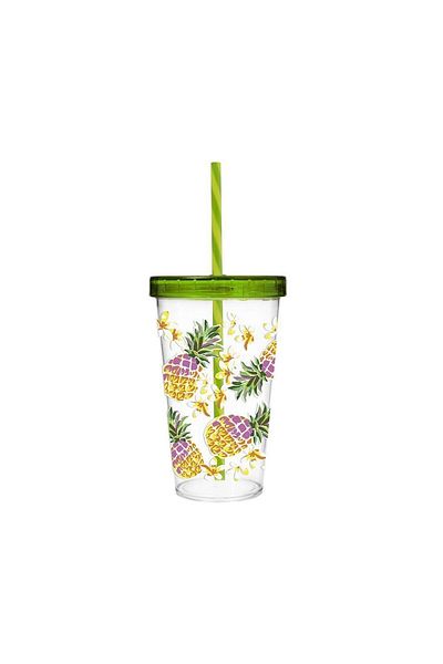 Herevin 660 cc Flat Lid Colorful Pineapple Patterned Glass with Straw