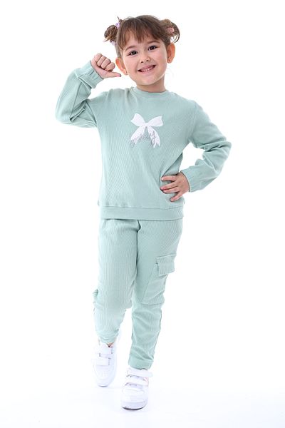 ZUZUNGA Camisole Bow Embroidered Cargo Pocket Detailed Girls' Set Water Green Age 3-8