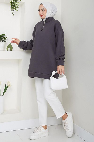 hafsamina Smoked Stand Collar 3 Thread Zip Sweatshirt Tunic - Hm2650
