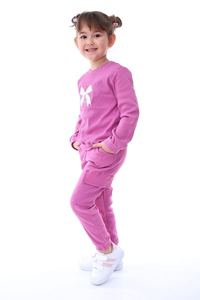 ZUZUNGA Camisole Bow Embroidered Cargo Pocket Detailed Girls' Set Fuchsia Age 3-8