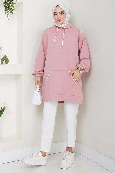 hafsamina Pink Hooded Piping Detailed Kangaroo Pocket Sweatshirt Tunic - Hm2645