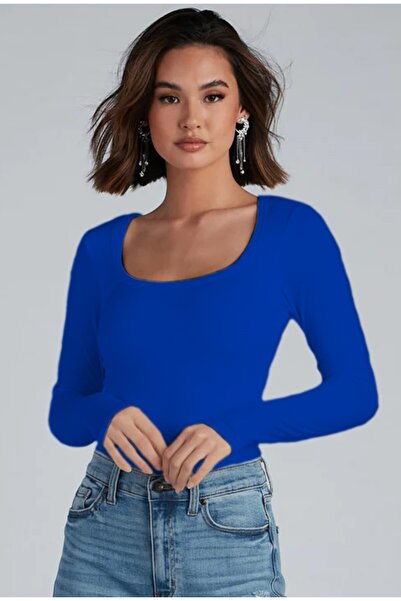 Rooted بلوزة نسائية بأكمام طويلة، رقبة حمام سباحة عميقة، قماش قصير مضلع