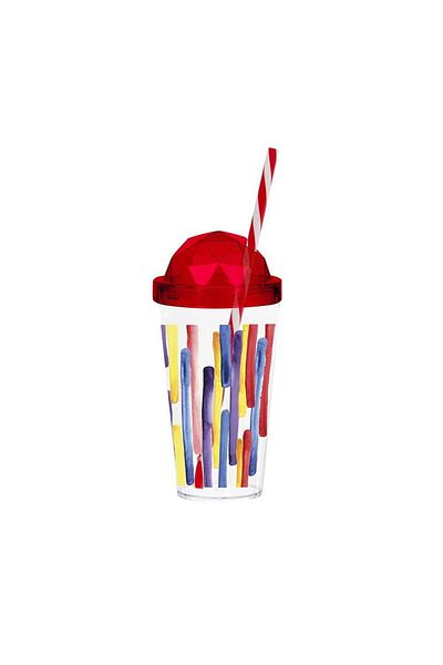 Herevin 660 cc Diamond Lid Colorful Striped Patterned Glass with Straw