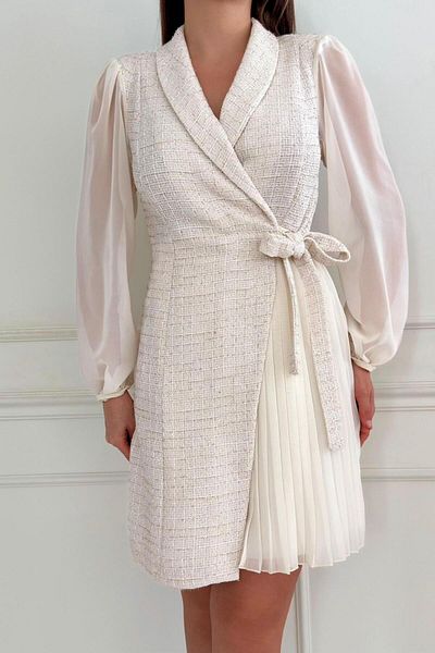 ZISHAN Jacket Collar Front Tie Detailed Tweed Chanel Fabric Chiffon Sleeves Women's Dress 030
