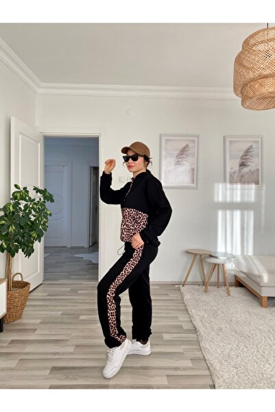 buğrahayalin    Women's Long Sleeve Leopard Detail Sweat and Leopard Stripe Detail Trousers Double Set