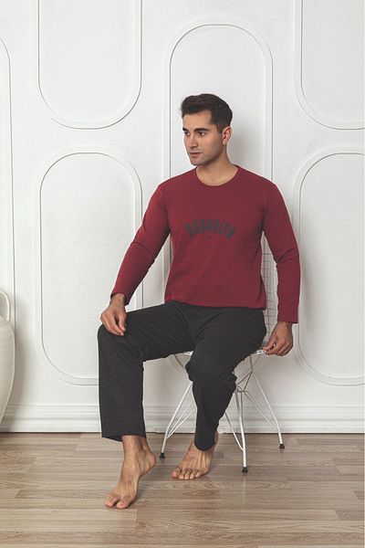 Sude HOMEWEAR Costum de pijama cu două fire pentru bărbați cu mânecă lungă (șardonlu)
