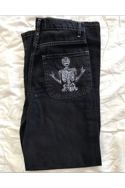 1blood Μαύρο κεντημένο σκελετό Heaven Can Wait Streetwear Jean παντελόνι