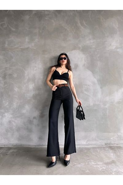 Laviera Women's Black Linen Trousers, Belted