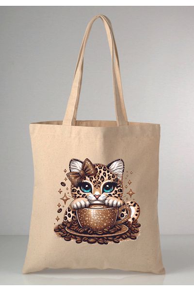MODA Leopard Kitty Pattern Printed Raw Cloth 35X40 Ecru Shoulder Bag