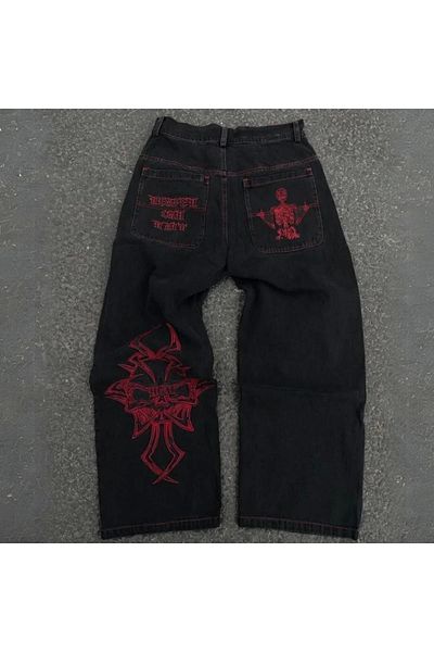 1blood Μαύρο κεντημένο σκελετό Heaven Can Wait Streetwear Jean παντελόνι