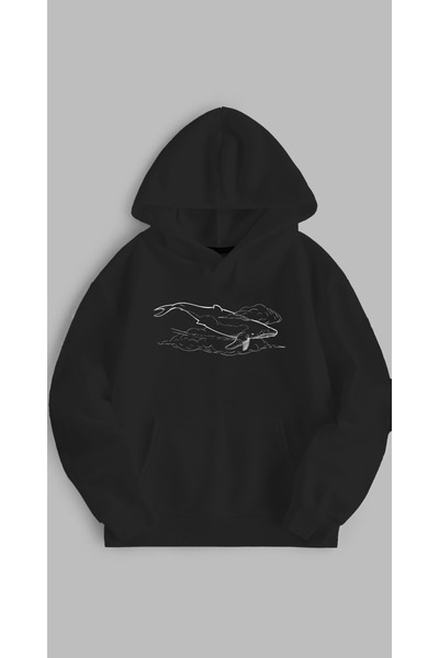 Sweatshirt Unisex Oversize Kalıp Baskılı 3 İplik Balina Detaylı SiyahHoodie Kapşonlu Sweat