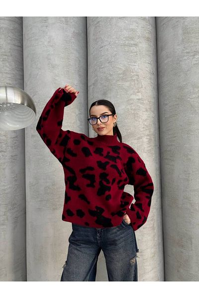 İLKCET MODA Pulover de tricotaj cu mânecă largă cu model leopard