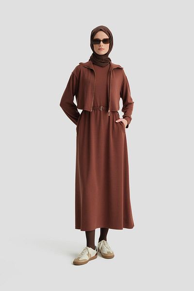 Armine Κόκκινο Καφέ Πλεκτό Φόρεμα Ζακέτα - 24kd6815
