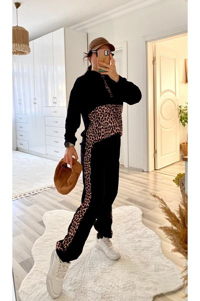 Viyamo Set de două pantaloni pentru femei, cu mânecă lungă, cu detaliu leopard și cu dungi laterale