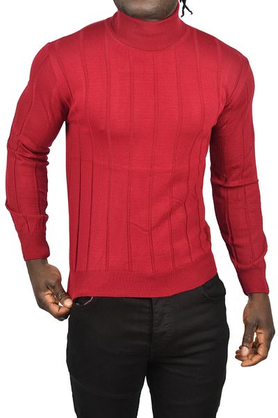 DeepSEA Men's Burgundy Slim Fit Lycra Full Turtleneck Striped High Top Sweater 2505504