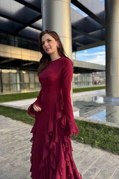 HELİS BUTİK Ruffle Detail Burgundy Dress