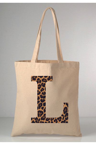 MODA Leopard Print Letter L Printed Raw Cloth 35X40 Ecru Shoulder Bag
