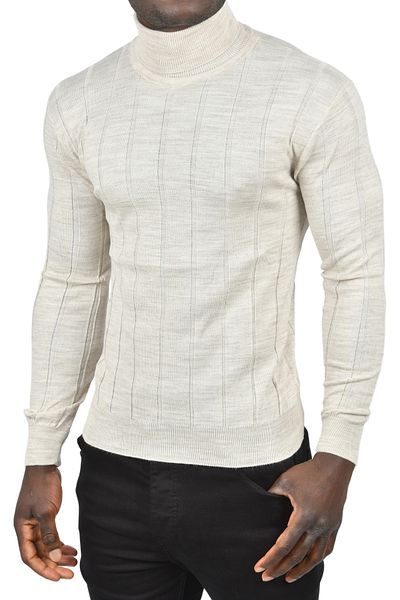 DeepSEA Ανδρικό μπεζ Slim Fit Lycra Πουλόβερ με ριγέ λαιμόκοψη 2505504