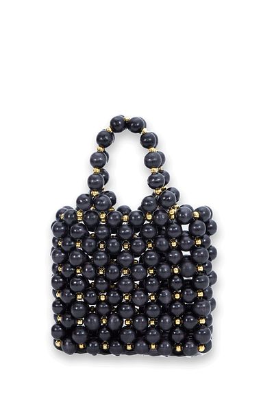 Sun Pieces Jojo Black Wooden Gold Detailed Bead Bag, Women's Clutch Bag, Sparkling Evening Bag