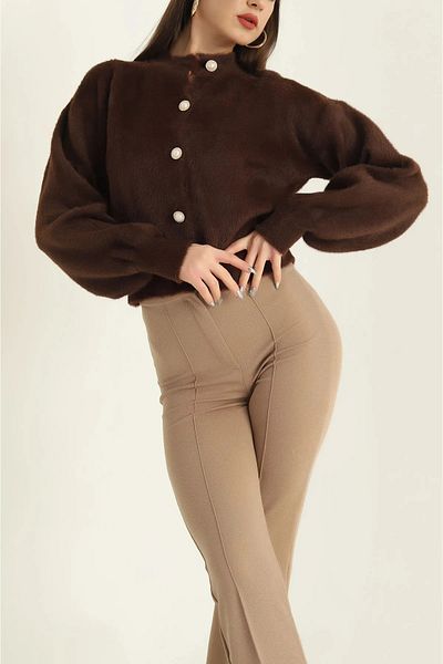 Vaveyla Yumoş Bearded Thread Balloon Sleeve Button Knitwear Cardigan