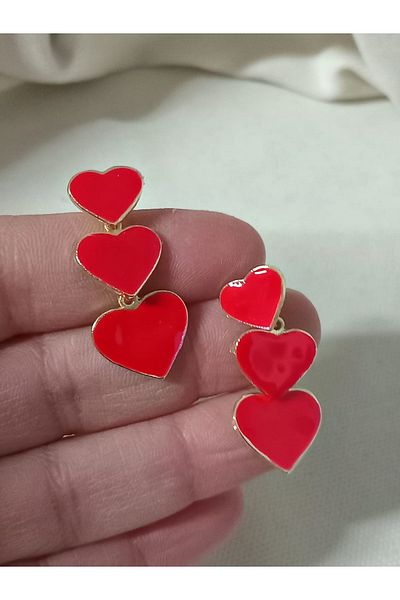 mos&more Red Enamel Triple Heart Women's Earrings