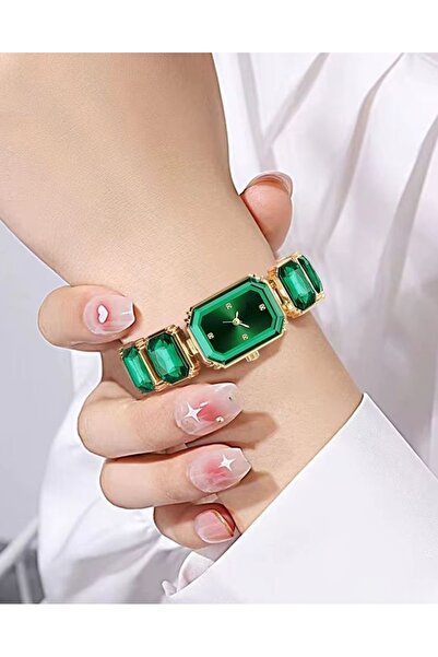 xesha Lüx Taşlı Kadın Kol Saati Vintage Swaroski Zümrüt Yeşili Taşlı Saati Ço...