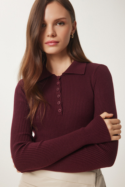 Lovelyİstanbul Pulover din tricot cu nervuri roșu Claret - LUS0061