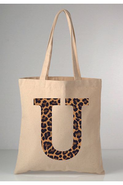 MODA Leopard Print Letter U Printed Raw Cloth 35X40 Ecru Shoulder Bag