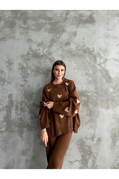 Piano Black Women's Heart Knitwear Pullover Trousers Double Set