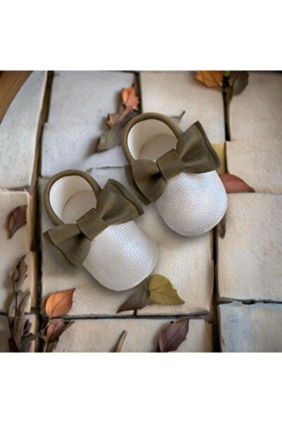 MY MINIE Kız Bebek Makosen Ayakkabı HakiI-Beyaz Fiyonklu Lastikli İlk Adım Ay...