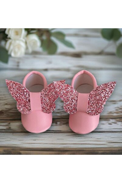 MY MINIE Kız Bebek Makosen Ayakkabı Pembe Kelebek Lastikli İlk Adım Ayakkabısı