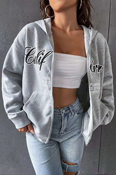 Wish BF سترة نسائية كبيرة الحجم مطبوعة بكاليفورنيا باللون الرمادي