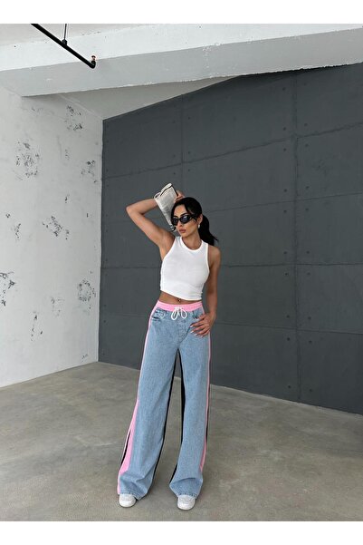 Zeo Basic PŘEDNÍ LEDOVĚ MODRÉ DŽÍNY ZADNÍ 3 PŘÍZENÉ BAGGY KALHOTY S RŮŽOVÝMI STUŽKAMI NA BOCÍCH ELASTICKÝM PASU