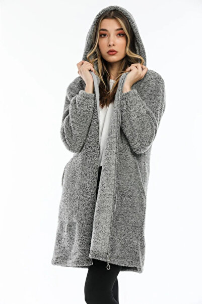 memetti m şekil Women's Zippered Hooded Soft Plush Sweatshirt Cardigan